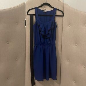 Express Blue Black Elastic Waist Sleeveless Dress wt Ruffles, Pockets & Belt XS